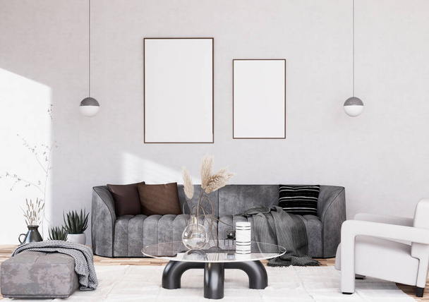 Mock up Posterrahmen in modernen Interieur voll möblierte Zimmer Hintergrund, Wohnzimmer, skandinavischen nordischen Stil, für SMS oder Inhalte. 3D-Rendering, 3D-Illustration - Foto, Bild