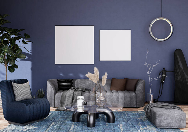 Simular marco de póster en el interior moderno habitaciones totalmente amuebladas fondo, sala de estar, estilo escandinavo nórdico, para el mensaje de texto o contenido. Renderizado 3D, Ilustración 3D - Foto, imagen