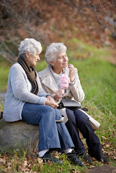 Лучшие друзья на всю жизнь. Две пожилые женщины наслаждаются сладкой нитью, сидя снаружи - Фото, изображение
