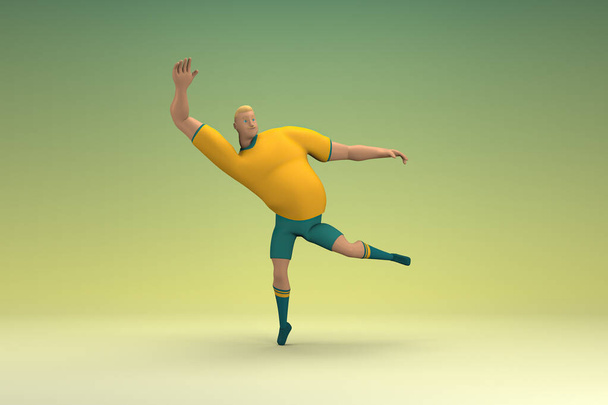 Un atleta con camisa amarilla y pantalones verdes. Está haciendo ejercicio. 3d representación del personaje de dibujos animados en la actuación. - Foto, imagen