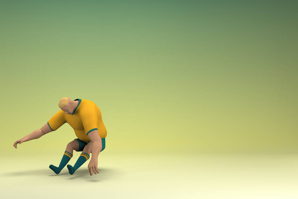Un atleta con una camisa amarilla y pantalones verdes está saltando. 3d representación del personaje de dibujos animados en la actuación. - Foto, imagen