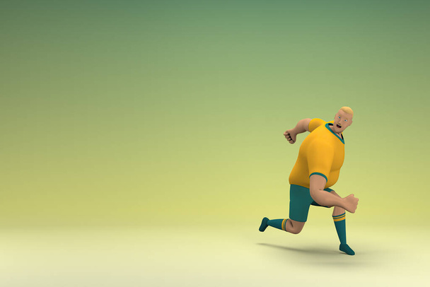 Un atleta con una camisa amarilla y pantalones verdes está corriendo. 3d representación del personaje de dibujos animados en la actuación. - Foto, imagen