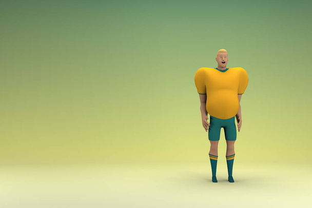 An athlete wearing a yellow shirt and green pants is expression of hand when talking. 3d rendering of cartoon character in acting. - Foto, imagen