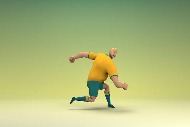Um atleta usando uma camisa amarela e calças verdes está correndo. 3d renderização de personagem de desenho animado em agir. - Foto, Imagem
