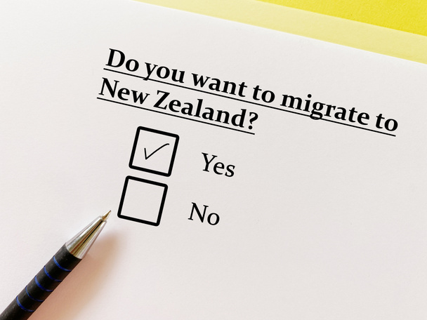 Людина відповідає на запитання про переїзд в інше місце. Він хоче емігрувати до Нової Зеландії.. - Фото, зображення