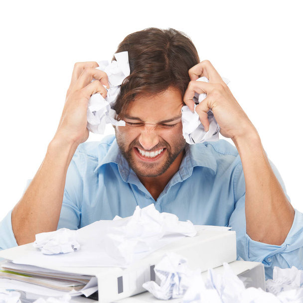 Burnout, stress and businessman with crumpled paper for brainstorming, thinking of bad ideas and strategy. Corporate work, anger and frustrated employee with mess of documents, paperwork and notes. - Photo, image