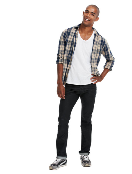 Happy black man, studio portrait and smile with confidence, happiness and style from Atlanta. Cool young guy, fashion model and white background with confident student, clothes and handsome person. - Photo, Image