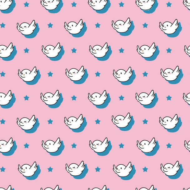 Retro Cute Funny Flying Fatty Bird Expression Vector Seamless Pattern can be use for background and apparel design - Vector, Image