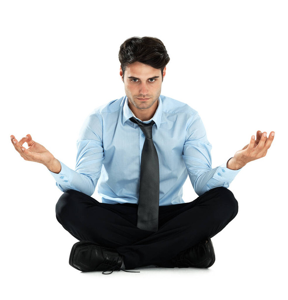 Yoga meditation portrait, relax and businessman meditate for stress relief, spiritual mental health or chakra energy healing. Lotus, zen mindset peace or worker mindfulness on white background studio. - Photo, image