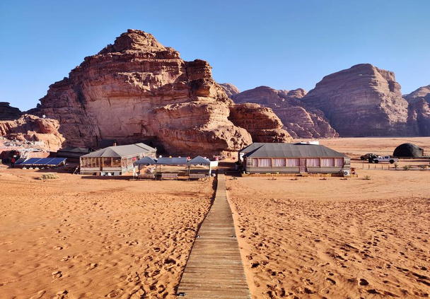 Wadi Rum, Jordan - January 6, 2023: Aladdin Camp luxury campsite in Wadi Rum desert near Petra - Photo, image