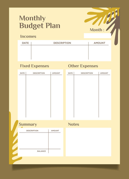 Προϋπολογισμός Planner floral στυλ μηνιαία σχεδιαστής πρότυπο σχεδιασμού. - Διάνυσμα, εικόνα