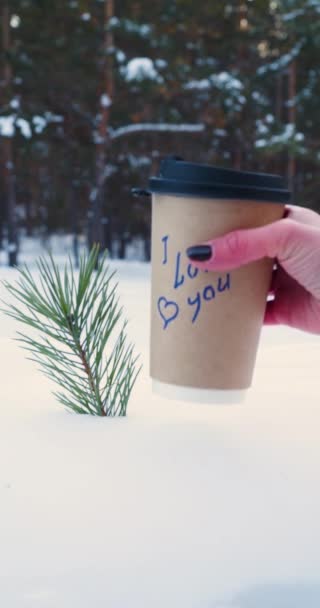 Female hand put a cup of coffee in the snow with inscriptions I love you. Slow motion vertical 4k footage. - Video, Çekim