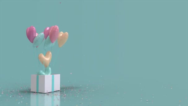 Gift Box Glitter Explode And Heart Shaped Balloons Fly Out Blue and Pastel valentine copy space - Imágenes, Vídeo