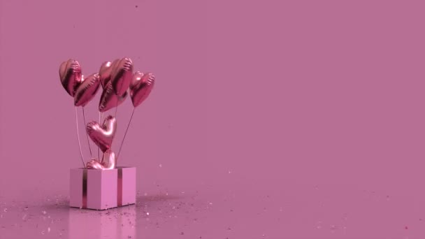 Подарочная коробка Блеск Взрыв и сердце формы воздушные шары Fly Out Full Pink Валентина копия пространства - Кадры, видео
