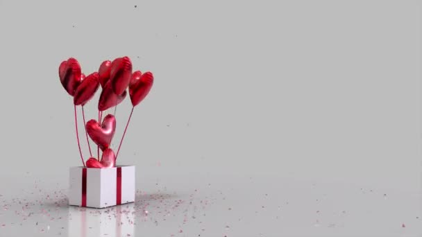 Gift Box Glitter Explode And Heart Shaped Balloons Fly Out White Redvalentine copy space - Imágenes, Vídeo