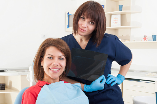 Οδοντίατρος γυναίκα και χαμογελαστό Θηλυκός ασθενής - Φωτογραφία, εικόνα