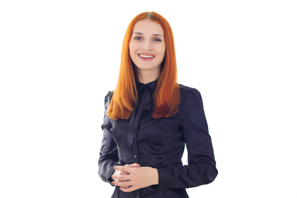 Beautiful elegant red-haired woman  talking about the important information - Zdjęcie, obraz