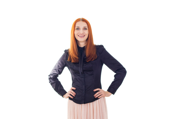Portrait of redhead elegant smiling with teeth woman with hands on each side - Foto, Imagen