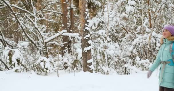 雪に覆われた森を歩く2人の女性観光客。冬のハイキング。4kスローモーション映像. - 映像、動画