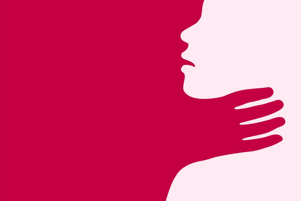 Abuse concept with hand strangling and choking the neck of a female victim. Woman and head silhouette, profile and face outline with scared expression. - Vector, Image