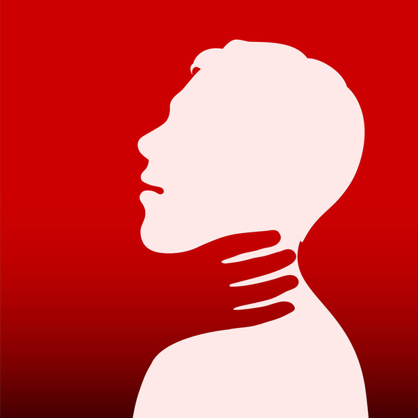 Abuse, violence, bullying concept. Silhouette of a person being strangled. Hand strangling the neck of a victim, physical attack. Head, face and expression showing pain, despair, felling scared. - Vector, Imagen