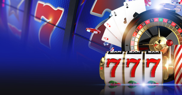 Online Casino Games Concept με Ρουλέτα, Περιστρεφόμενα Κουλοχέρηδες, Blackjack Κάρτες και Μάρκες. 3D απόδοση εικονογράφησης. Θέμα παιχνιδιού καζίνο. - Φωτογραφία, εικόνα