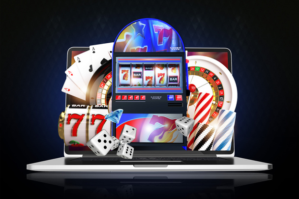 Roulette, Poker and Slot Machines. Online Casino Games Concept 3D Illustration. Internet Based Online Gambling. - Fotografie, Obrázek