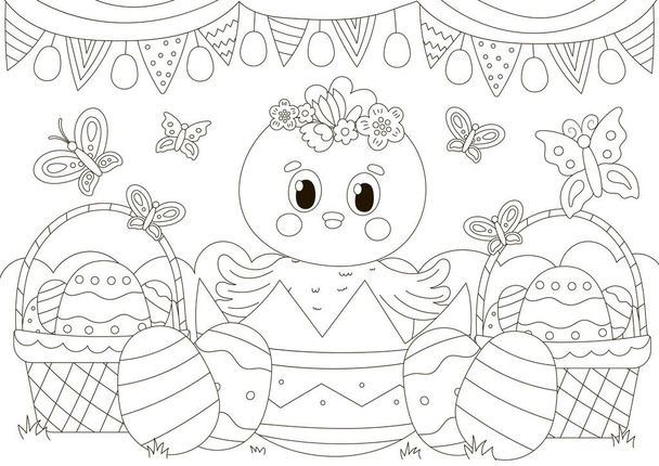 Cute coloring page for easter holidays with chick character in egg shell and baskets with eggs and flowers in scandinavian style, printable game for kids, black and white doodle for children - Vektor, obrázek