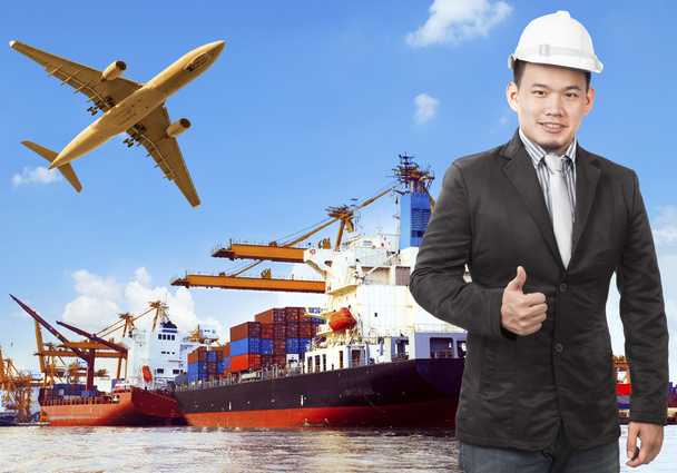 Working man and commercial ship on port and air cargo plane flyi - Photo, Image