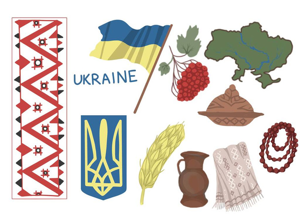 Ukraine national flag and coat of arms, country map symbols viburnum, towel loaf, red beads separate elements drawn by hand separately on a white background - Vektör, Görsel