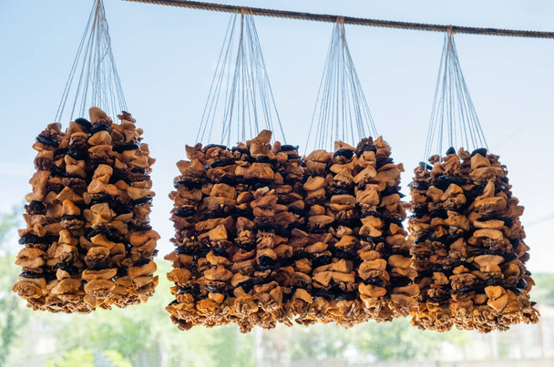 Churchkhela - perinteisiä georgialaisia kotitekoisia makeisia, joissa on erilaisia pähkinöitä, kuivattuja hedelmiä, jauhoja ja rypälemehua tai rypälemehua. Kansallinen jälkiruoka roikkuu paikallisilla elintarvikemarkkinoilla tai myymälöissä Georgiassa. - Valokuva, kuva