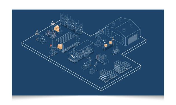 3D isometric Logistic concept with Workers loading products on the trucks, storage buildings Warehouse Logistics, Transportation operation service, logistics management. Vector illustration EPS 10 - Vektör, Görsel