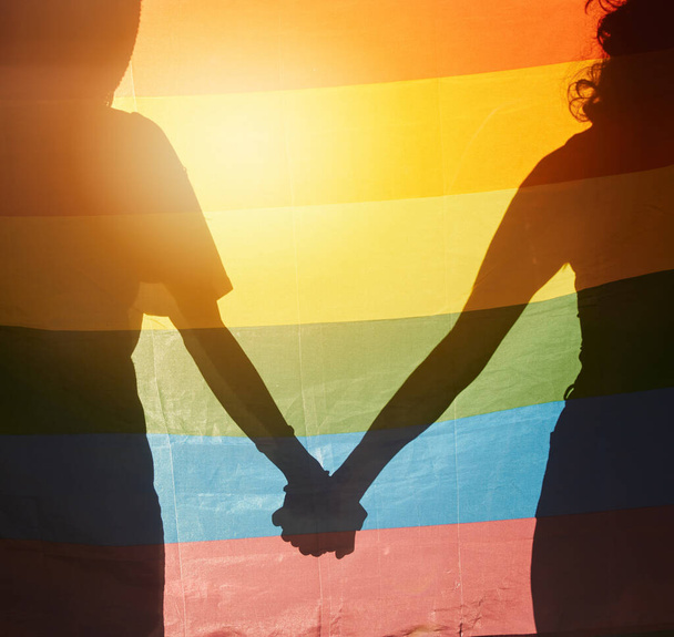 LGBT, rainbow flag and couple silhouette holding hands for gay pride, non binary support or lesbian love. LGBTQ community, overlay and queer people together in solidarity, partnership and equality. - Foto, afbeelding