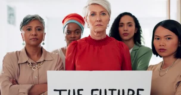 Group of woman, protest poster and diversity together standing for equality, women empowerment and justice support. Diverse team, freedom banner and fight discrimination lifestyle or change vision. - Video