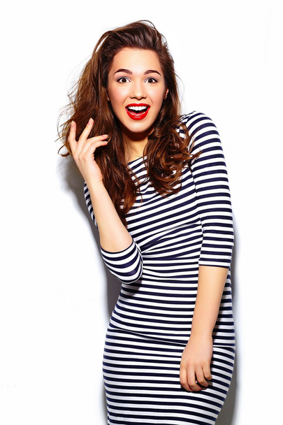 High fashion look.glamor stylish beautiful  young happy smiling woman model with red lips  in zebra dress - Foto, imagen