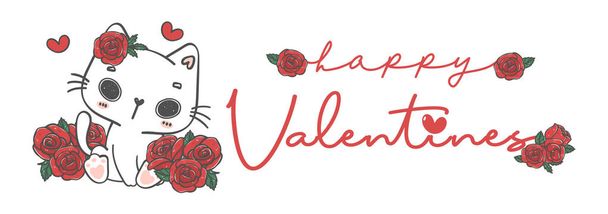 cute kawaii romantic white cat sitting with red roses Happy Valentines banner, pet animal cartoon character hand drawing illustration vector - Vettoriali, immagini