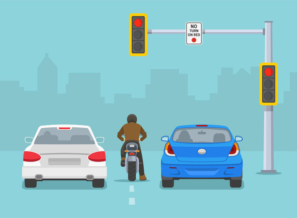 Traffic regulation rules and tips. Motorcycle riding between cars. Vehicles stopped at red traffic signal. Back view of city traffic flow. Flat vector illustration template.   - Vektor, kép