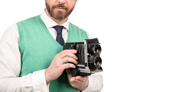 cropped man hold retro photo camera isolated on white, copy space, photographing. - Fotoğraf, Görsel