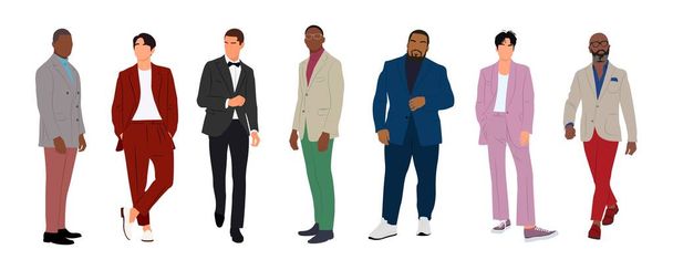 Business men in different poses, walking and standing, wearing formal suit and smart casual outfit, front, side view. Multiracial business team. Set of fashionable people isolated on white background. - Vector, afbeelding