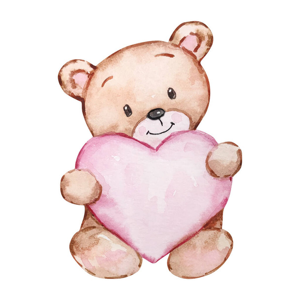 Watercolor cute Teddy Bear with heart Valentines Day, for festive design - Foto, Imagem