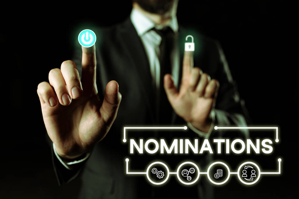 Inspiration showing sign Nominations, Conceptual photo the act of officially suggesting someone for a job or position - Fotó, kép