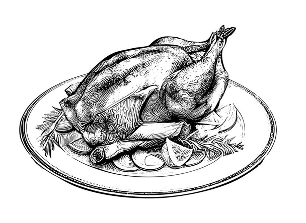 Baked turkey with vegetables and spices lies on a plate hand drawn sketch Vector illustration. - Vektör, Görsel