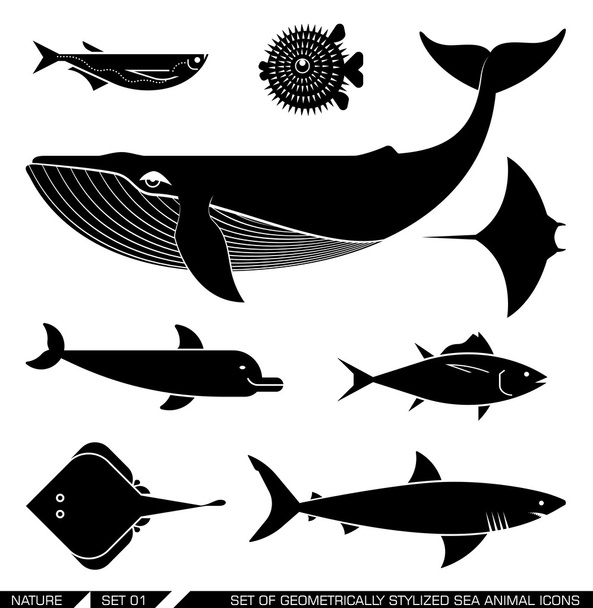 Conjunto de iconos geométricamente estilizados de animales marinos
 - Vector, imagen