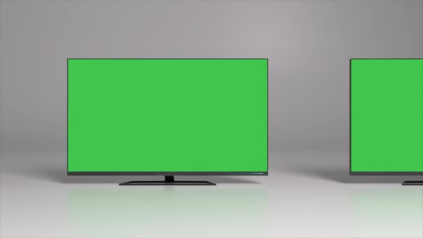 Green background. TV screens with chrome key. Infinite scroll left. Empty space to insert. 3d animation. High quality 4k footage - Filmagem, Vídeo