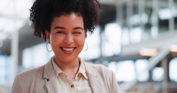 Leadership, business and black woman wink walking in corporate workplace with goals, mission and vision. Success, startup and happy girl entrepreneur with happy mindset, motivation and confidence. - Video, Çekim