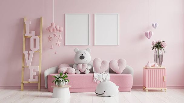 Mockup frame in the valentine's day with white sofa on pink color wall.3d rendering - Zdjęcie, obraz