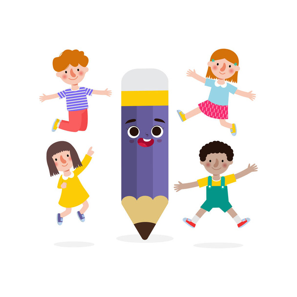 children Posing With Pencil Character, Back to school, cartoon Children flying on pencil, kids riding big pencil in the sky, education concept poster vector illustration isolated on background - Vector, imagen