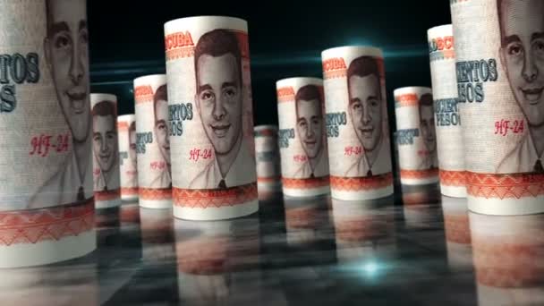 Cuba money Cuban Peso rolls loop 3d animation. Money on the table. Seamless and loopable abstract concept of economy, finance, business and recession. Camera between CUP rolled banknotes. - Footage, Video