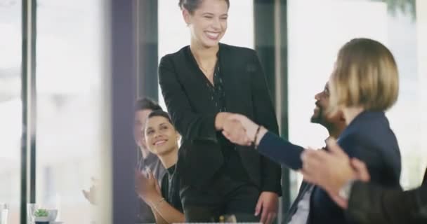 Team celebration applause, handshake and business people clapping for job achievement, success or praise. Group congratulations support, thank you and corporate lawyer happy for promotion to partner. - Filmati, video