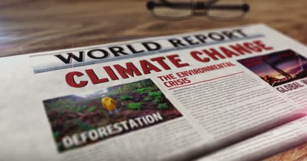 Изменение климата, экологический кризис и ежедневная газета о глобальном потеплении на столе. Заголовки новостей абстрактной концепции 3d. - Кадры, видео
